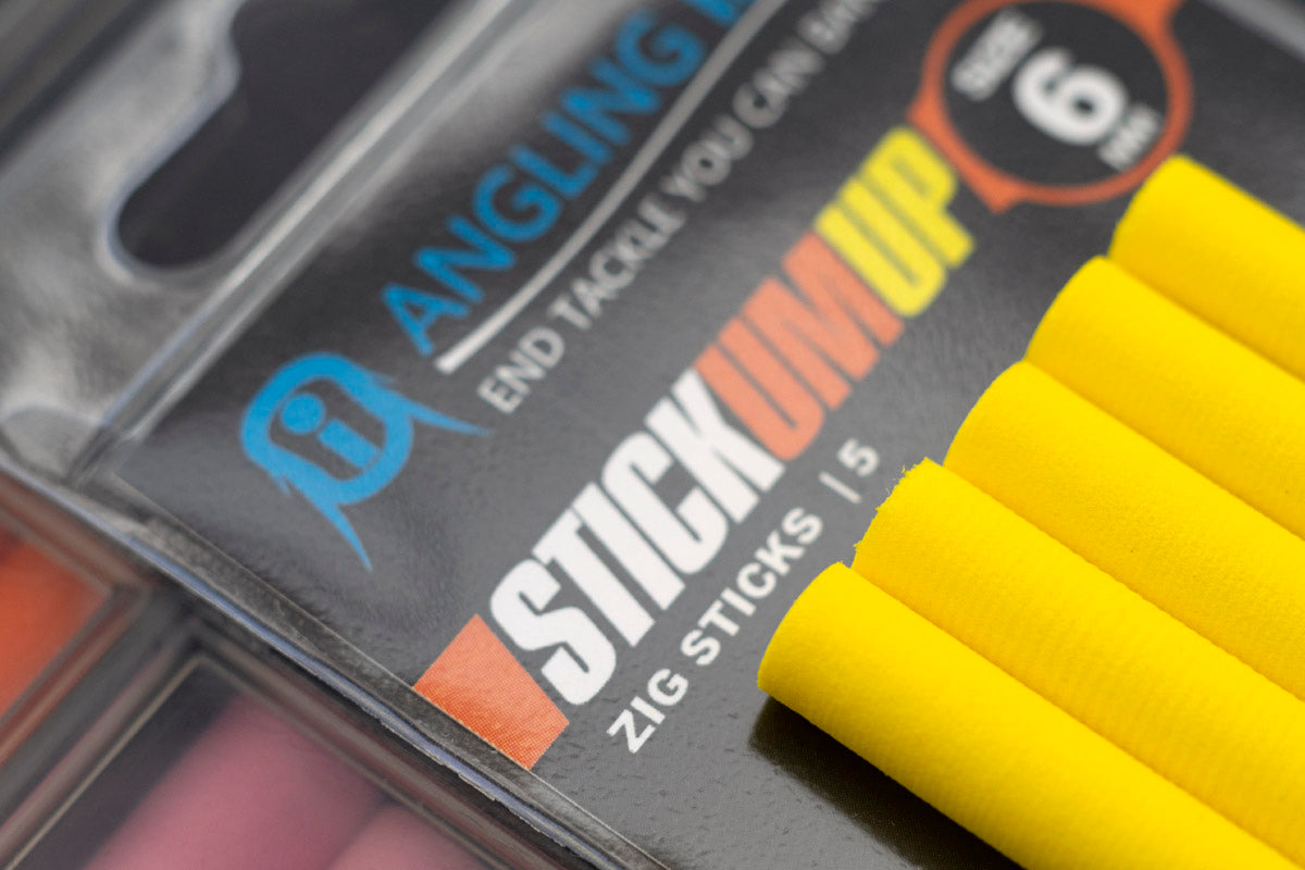 A Pack of Angling Iron Stickumup 6mm Zig foam Sticks, pictured in yellow but also available in Black, Red, Pink, Orange, white, Brown and tan colours. Create the perfect Zig rig by using combinations to catch carp from the upper layers.