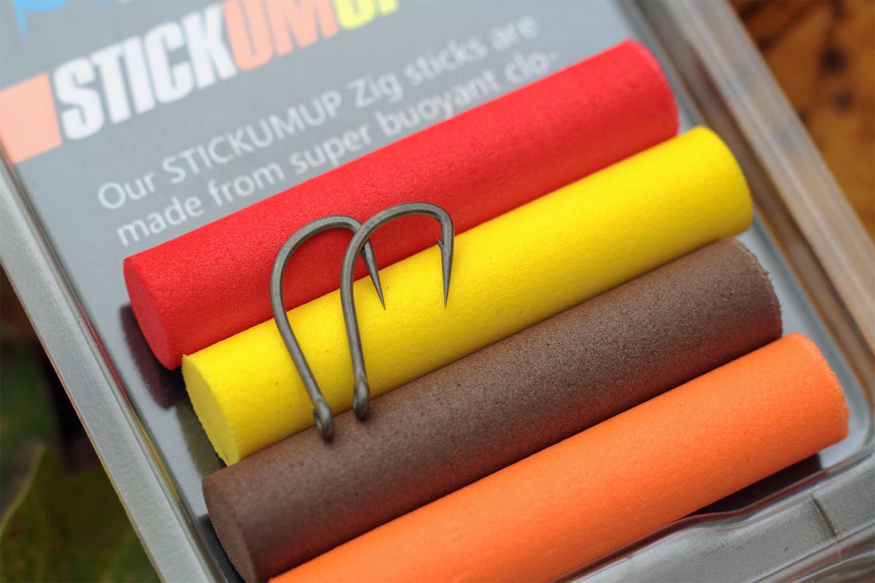 A packet of mixed colour Stickumup 8mm Zig foam sticks with size 8 Duropoint Chod carp hooks, the best cobination of zig rig componenets.