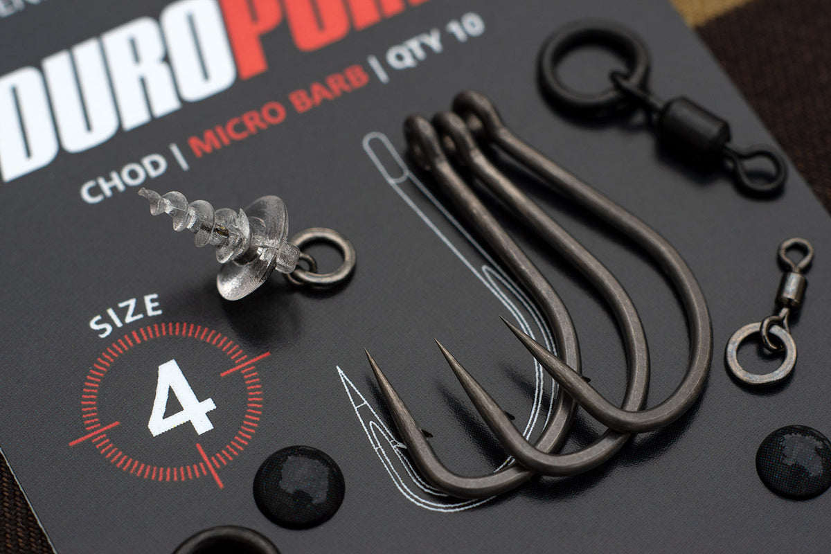 Duropoint Chod hooks and a selection of terminal tackle for rig tying.