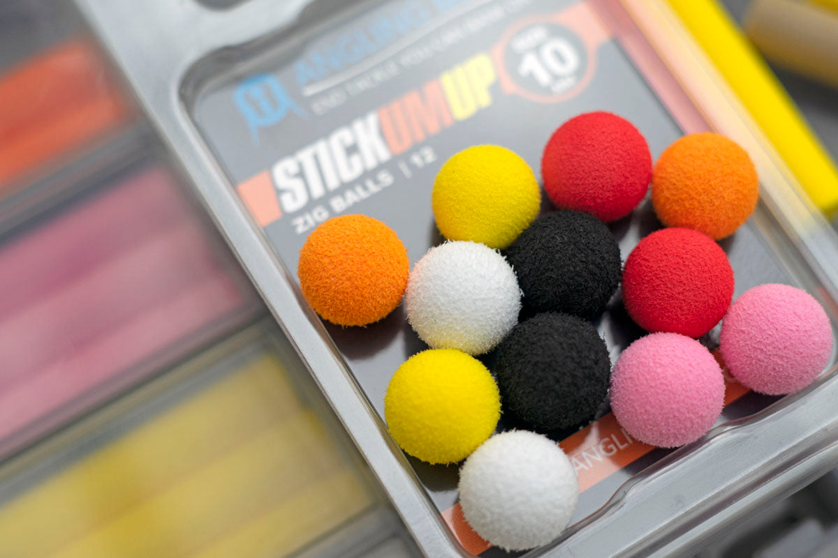 A mix of twelve 10mm Zig foam balls, with two of each colour per pack. Yellow, Black, Orange, Red, White and pink. Cut them in half to create unique Zig rigs.