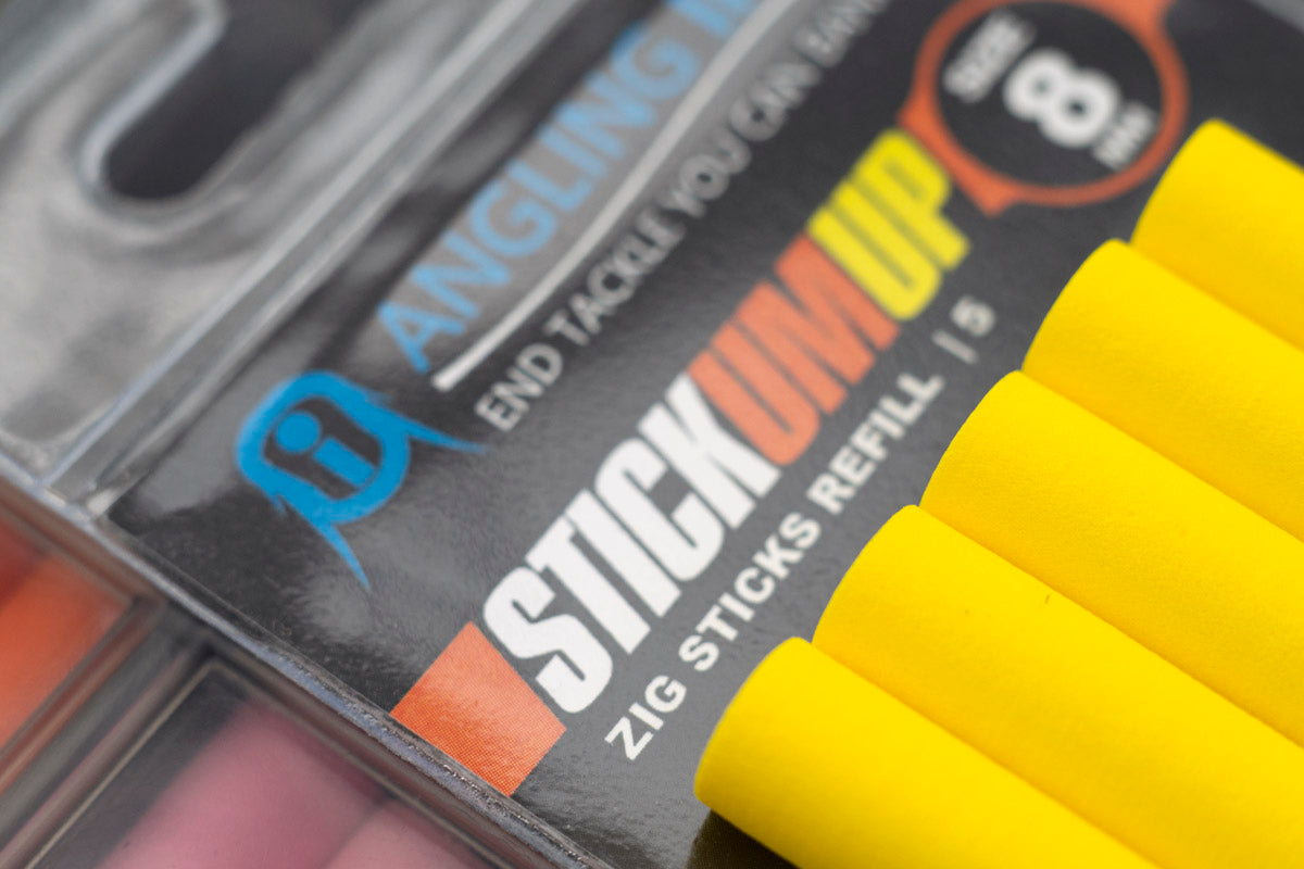 A Pack of Angling Iron EVA Stickumup 8mm Zig foam Sticks, pictured in yellow but also available in Black, Red, Pink, Orange, white, Brown and tan colours. larger diameter can support can be used with bigger zig hooks.