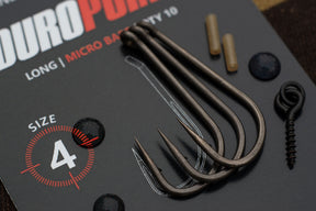 Size 4 Duropoint Longshank Carp hooks pictured with silicone hook tube and bait screw. Look at those long tapered hook points, are they not the sharpest you've seen from the packet? No sharpening needed.
